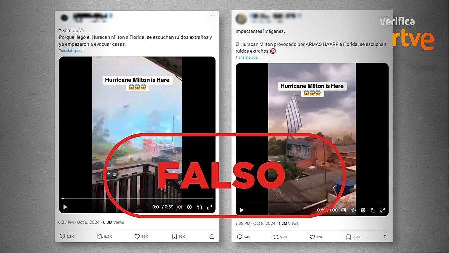 Mensajes de redes que difunden un vídeo descontextualizado para relacionarlo con el huracán Milton