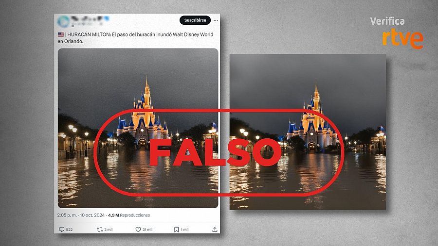 Mensaje de X que difunde una fotografía alterada con IA y la vincula con el huracán Milton