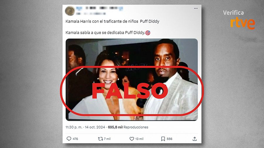 Mensaje de X que asegura que esta imagen muestra a Kamala Harris junto a Puff Daddy