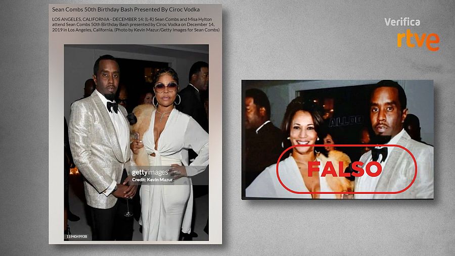 A la izquierda, imagen original de Puff Daddy y Misa Hylton. A la derecha, imagen manipulada de Kamala Harris y Puff Daddy