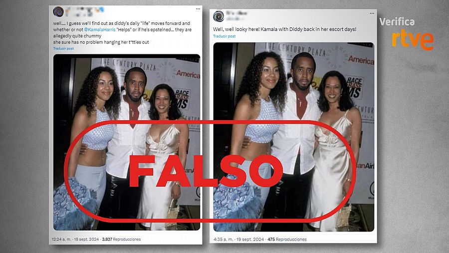 Mensajes de X que aseguran que esta imagen muestra a Kamala Harris junto a Puff Daddy