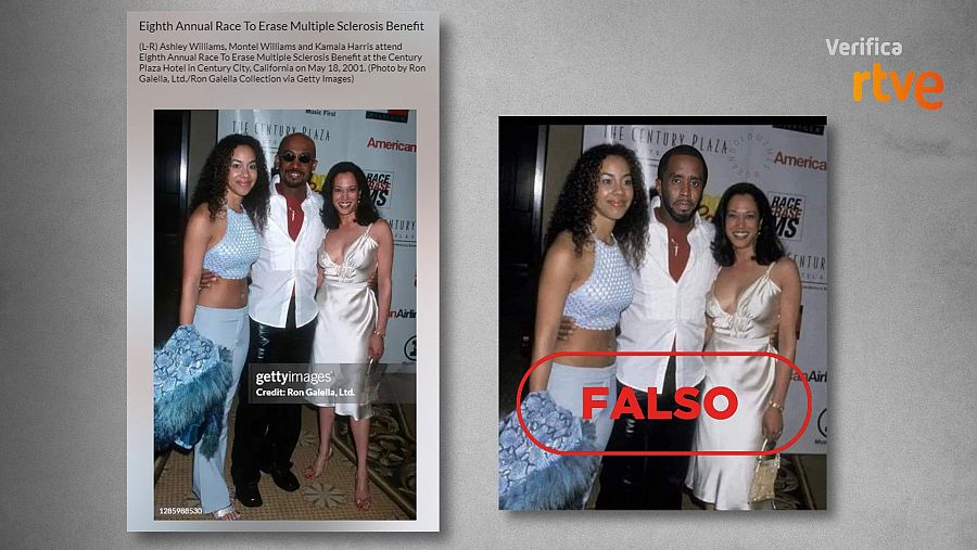 A la izquierda, imagen original de Montel Williams, su hija y Kamala Harris. A la derecha, imagen manipulada de Puff Daddy junto a Kamala Harris