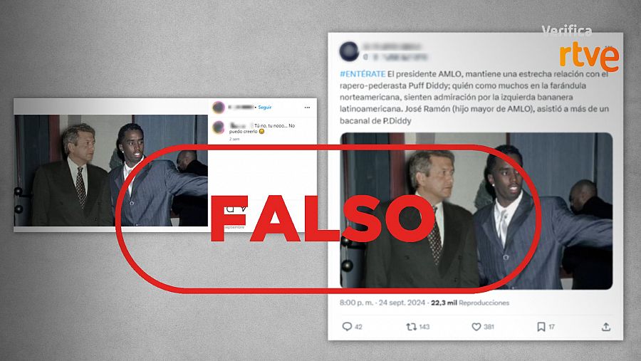 Mensajes de redes sociales que difunden como real la falsa foto de AMLO con Sean 'Diddy' Combs