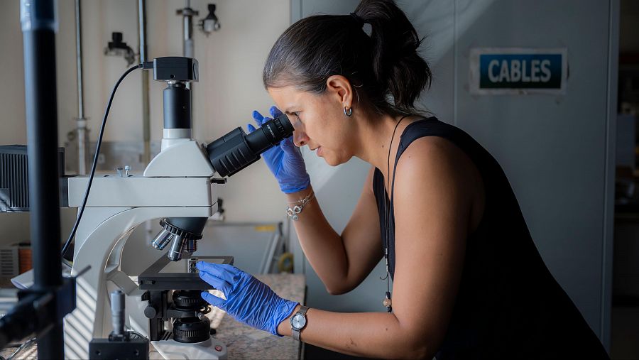 Adriana Isabel Figueroa mirant al microscopi a un laboratori