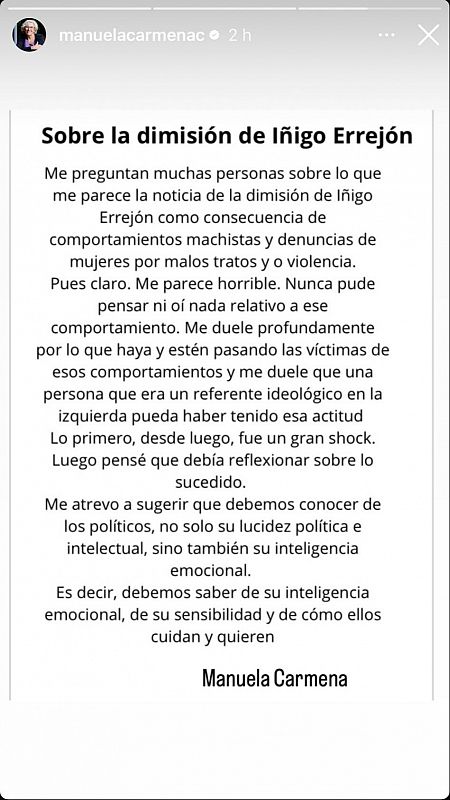 Mensaje de Manuela Carmena en Instagram sobre el caso Errejón: 