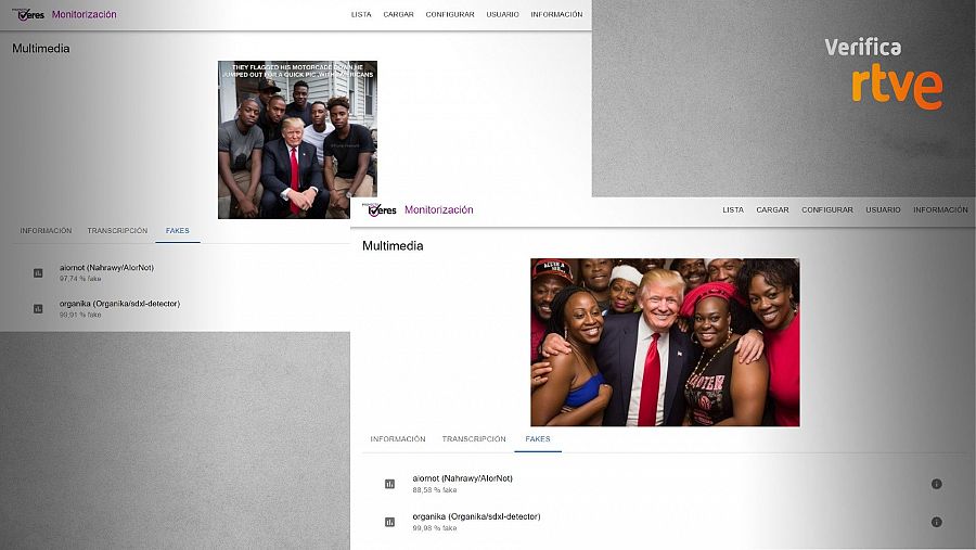Resultados que ofrece la herramienta del proyecto IVERES sobre las dos fotos falsas