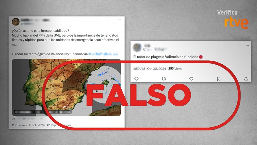 Mensajes de X que difunden la falsa idea de que el radar de Valencia no funciona