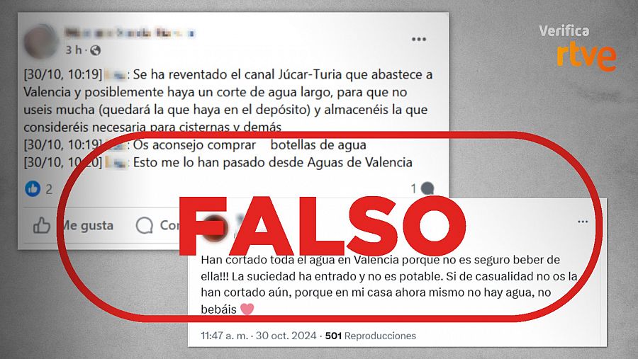 Mensajes que atribuyen falsas declaraciones a Aguas de Valencia y difunden el bulo de que no es seguro consumir agua