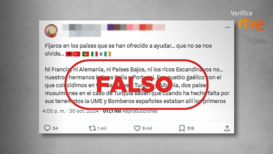 Mensaje falso sobre los países que han ofrecido ayuda a España por la DANA