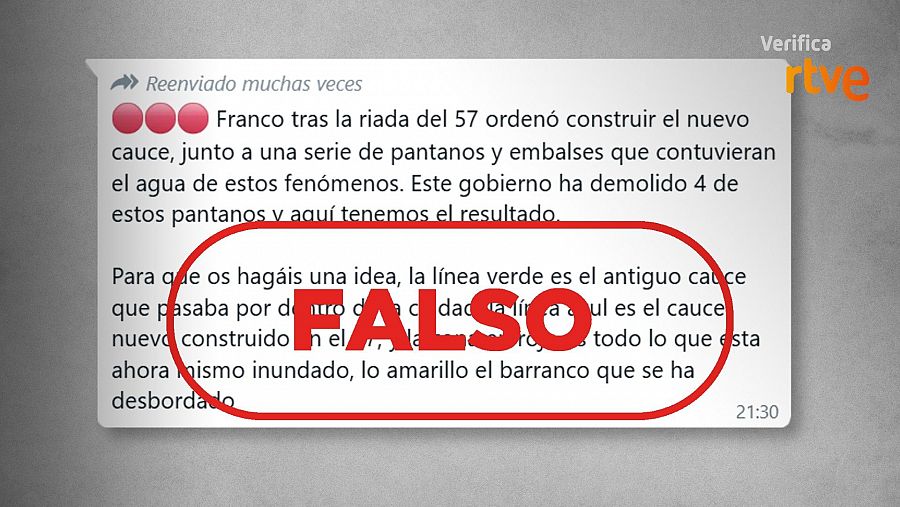 Mensaje de WhatsApp que difunde la falsa idea de que el Gobierno ha eliminado cuatro pantanos en Valencia