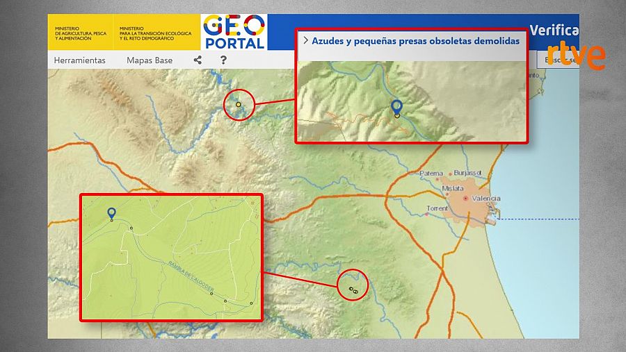 Mapa del MITECO que muestra azudes obsoletos eliminados