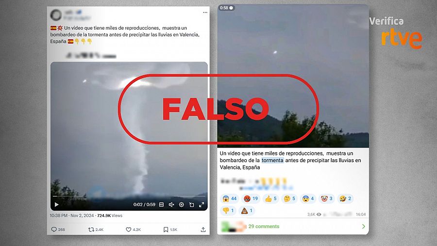 Mensajes de redes que difunden una creación digital como si fuera la tormenta en Valencia