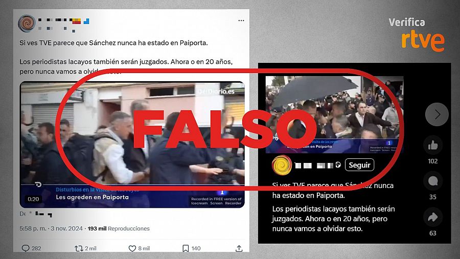 Mensajes que difunden la falsa idea de que TVE no informó de que Pedro Sánchez estuvo en Paiporta