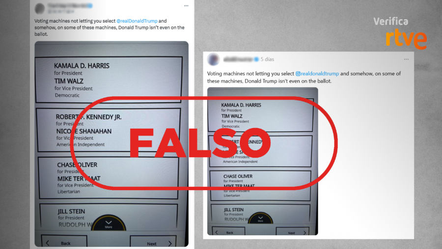 Mensajes que difunden la falsa idea de que las máquinas de votación no permiten seleccionar a Donald Trump