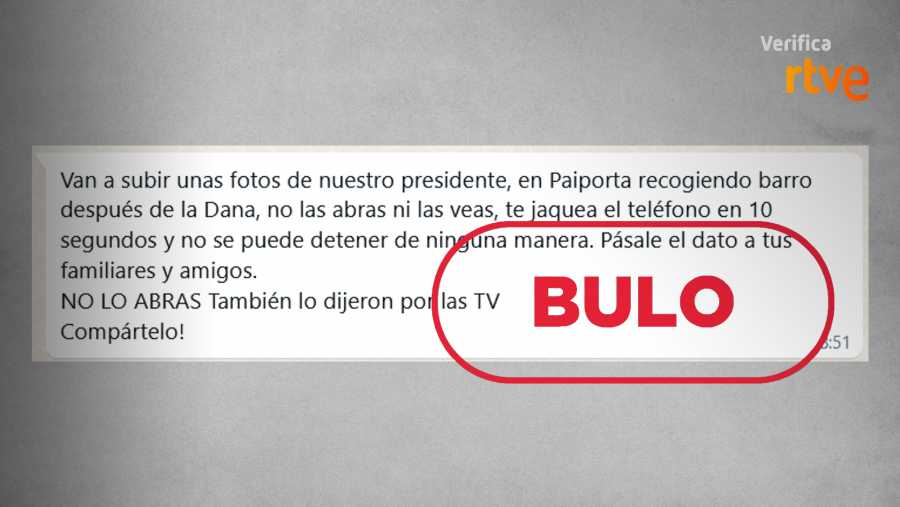 Mensaje que difunde una falsa alerta sobre un archivo con fotos del presidente en Paiporta que te jaquea el móvil