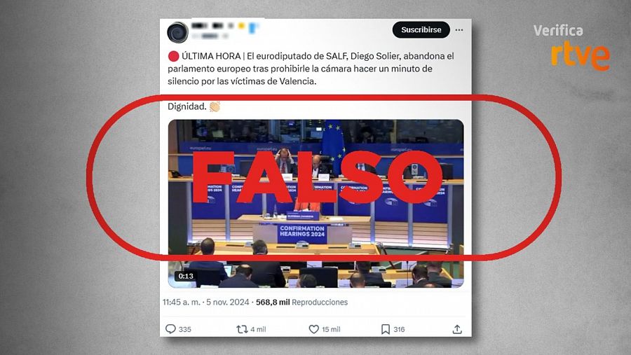 Mensaje de X que difunde la falsa idea de que el Parlamento Europeo se negó a guardar un minuto de silencio por las víctimas de la DANA