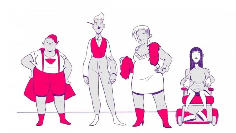 Bocetos de cuatro personajes para 'SuperBollo contra el Código Binario', mostrando diversidad en sus apariencias y habilidades.