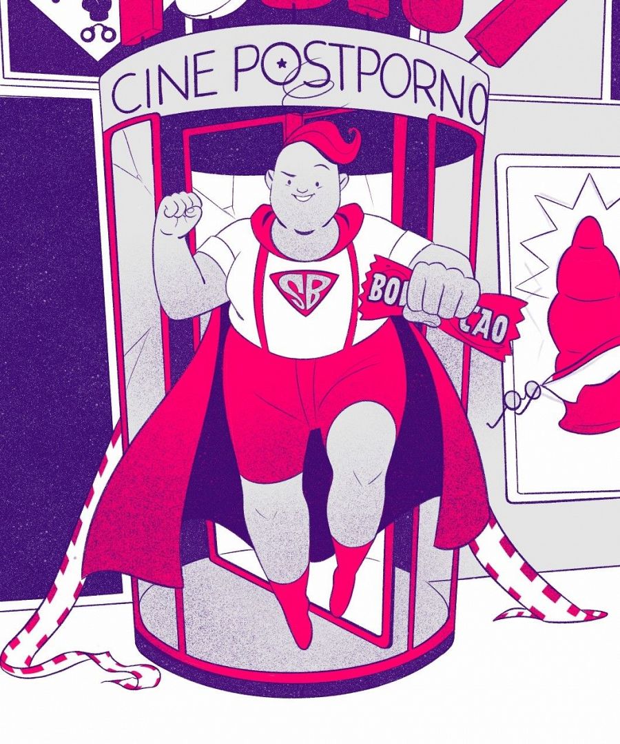 SuperBollo, personaje de cómic, sale de una cabina de cine postporno.