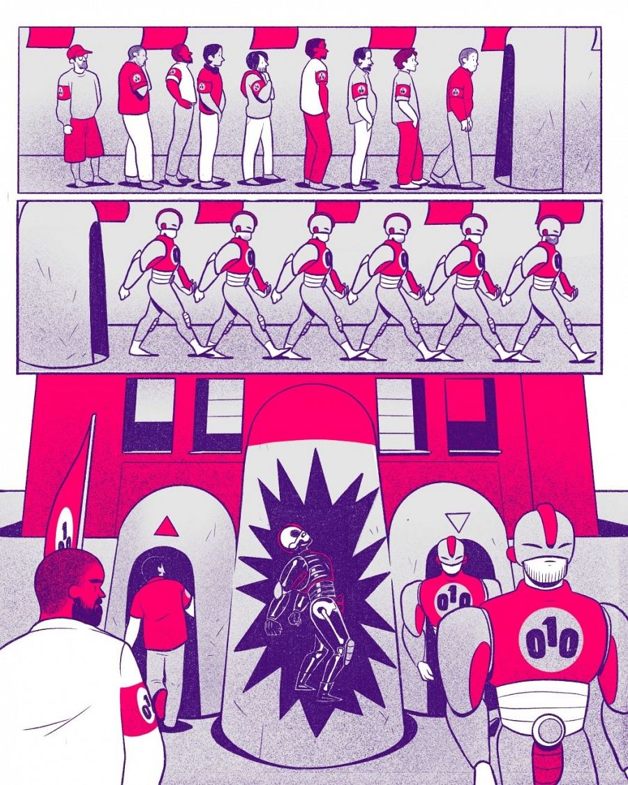 Cómic 'SuperBollo' mostrando personas con brazaletes, robots marchando y un esqueleto robótico en una explosión, con un edificio de fondo.