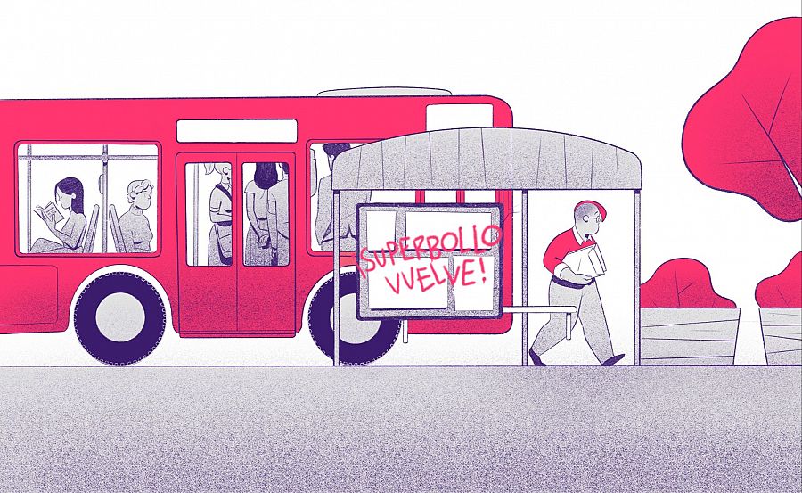Portada de 'SuperBollo' con un autobús, pasajeros, una marquesina y un hombre caminando.