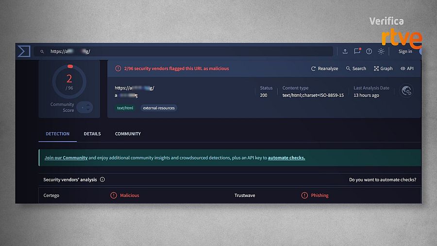 Análisis de URL maliciosa en VirusTotal por Verifica RTVE: 2 de 96 detecciones.