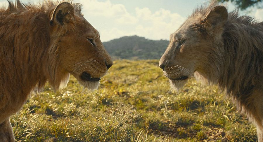 Dos leones cara a cara en una escena de 'Mufasa: El Rey León'.