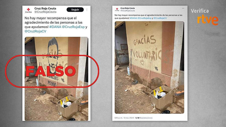 Imagen comparativa de un tuit de Cruz Roja: la izquierda manipulada con grafiti de Pedro Sánchez y la palabra 