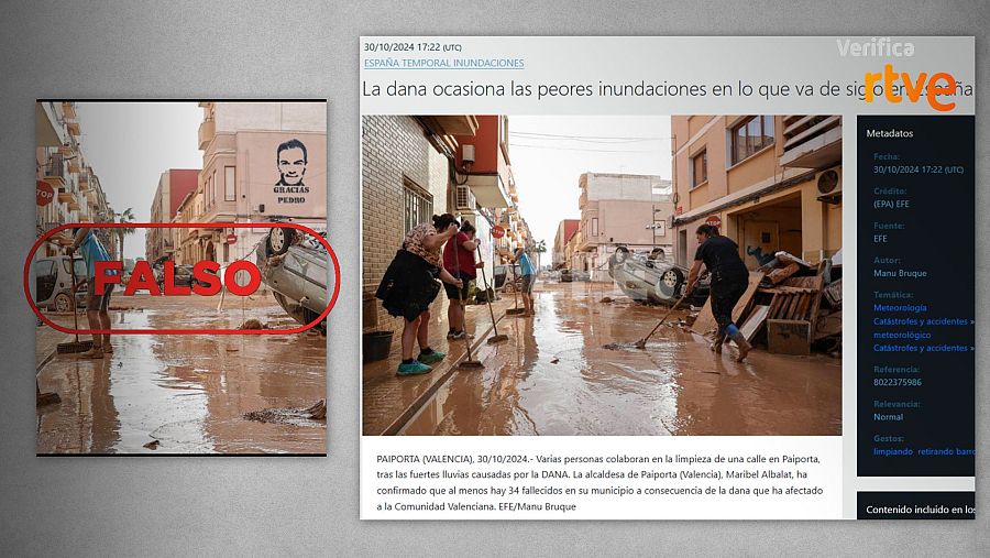 Verificación de RTVE sobre una imagen manipulada de las inundaciones en Paiporta, comparándola con la fotografía original de EFE.