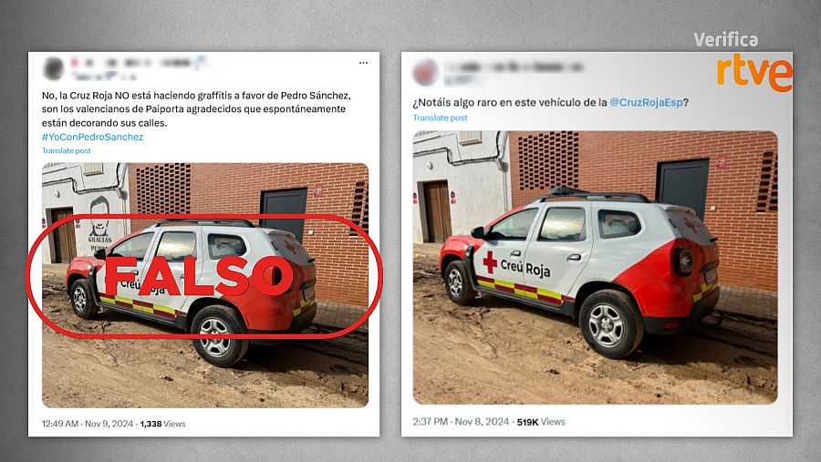 Comparativa de una imagen manipulada de un coche de la Cruz Roja con un graffiti a favor de Pedro Sánchez y la foto original sin el graffiti.