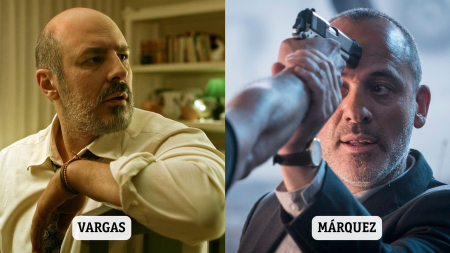 El actor Roberto Álamo en dos escenas, una relajado y otra con una pistola apuntándole.