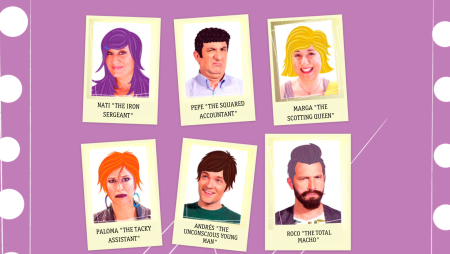 Caricaturas de los personajes de la peluquería 'Comedia Inglesa': Nati, Pepe, Marga, Paloma, Andrés y Roco.