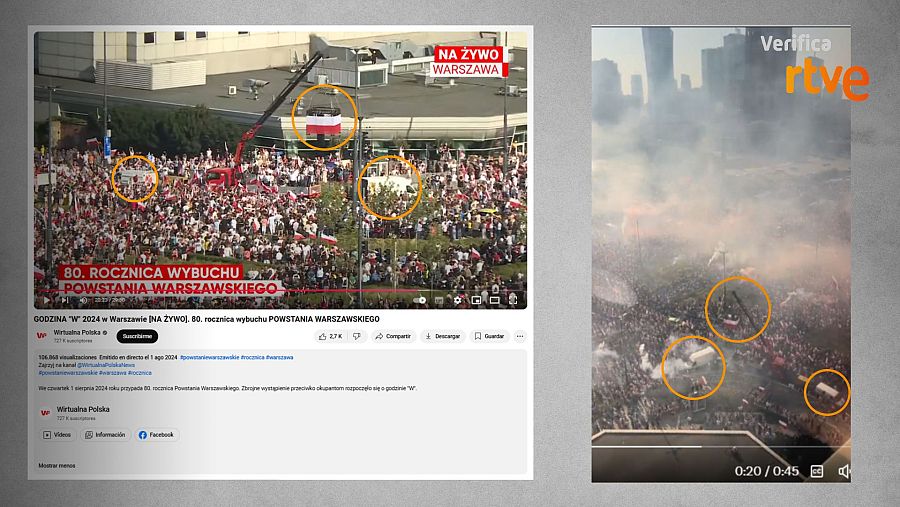 Comparación entre la emisión oficial y un vídeo en redes del 80 aniversario del Levantamiento de Varsovia, mostrando multitudes y banderas.