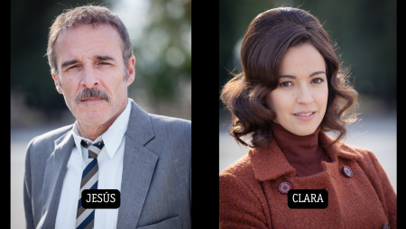 Jesús y Clara, personajes de una serie o película, posan para una imagen promocional.