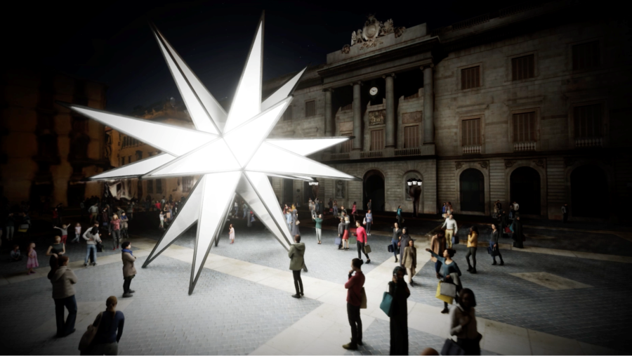 Gran estrella navideña ilumina la plaza Sant Jaume de Barcelona, con gente paseando frente al Ayuntamiento.