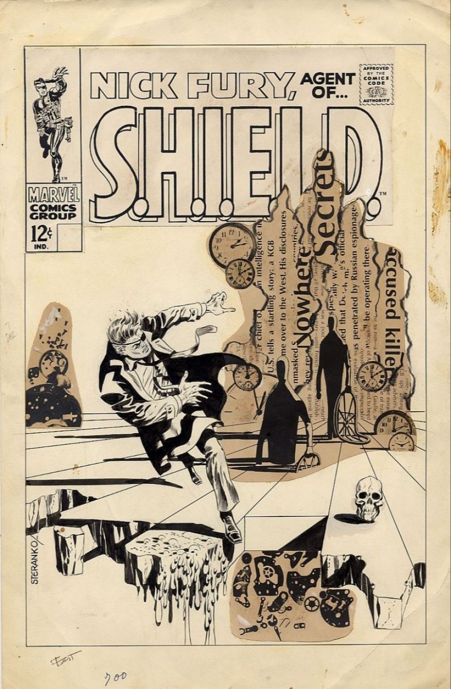 Portada de cómic de Nick Fury con el personaje principal cayendo, dos figuras sombreadas al fondo y recortes de periódico con relojes.