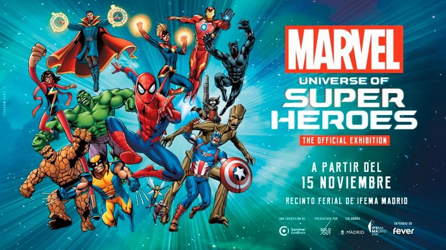 Cartel de la exposición 'Marvel: Universe of Super Heroes' en IFEMA Madrid desde el 15 de noviembre, con los principales superhéroes de Marvel.