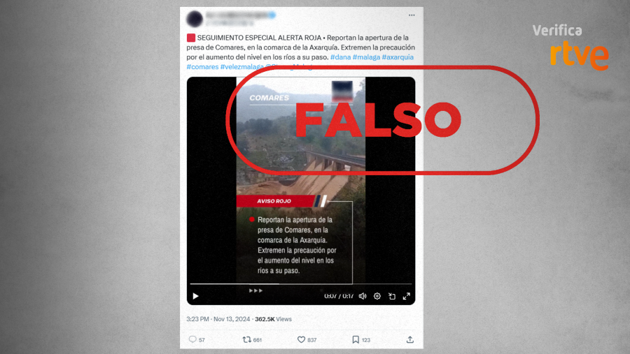 RTVE Verifica desmiente la información falsa sobre la apertura de la presa de Comares tras la DANA en Málaga.