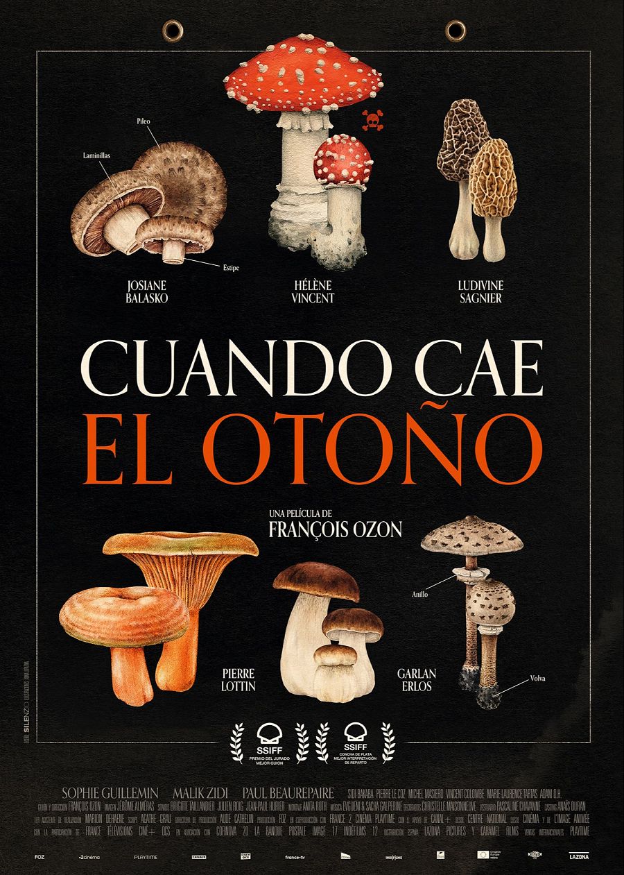 El cartel de la película 'Cuando cae el otoño' de François Ozon presenta a los actores que forman parte del reparto, cada uno asociado a un tipo de seta.
