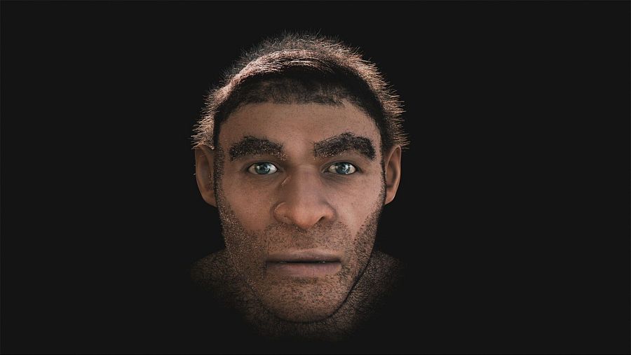 Reconstrucción facial de un Homo sapiens con rasgos realistas, mostrando la evolución humana a través de la ciencia y la tecnología.