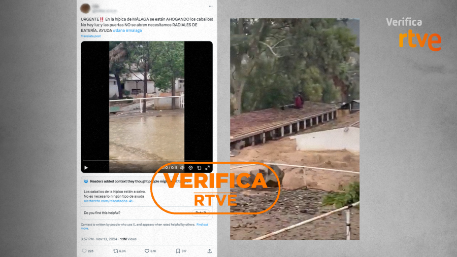 Inundaciones en el Club Hípico de Málaga durante la DANA. Una persona se encuentra sobre una estructura en medio del agua.