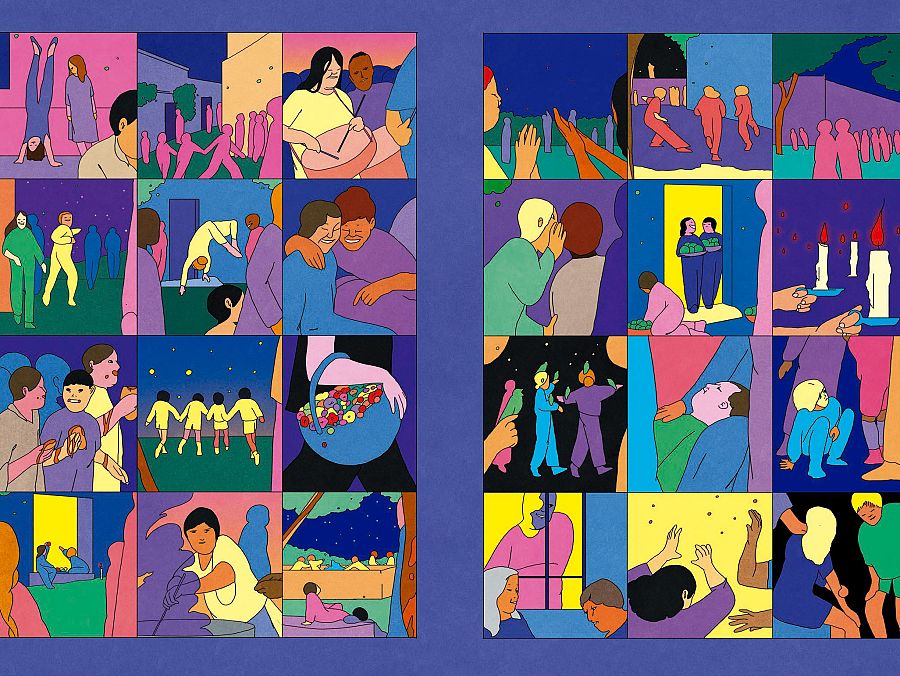 Ilustración de María Medem para 'Por culpa de una flor' que representa escenas de la vida cotidiana.