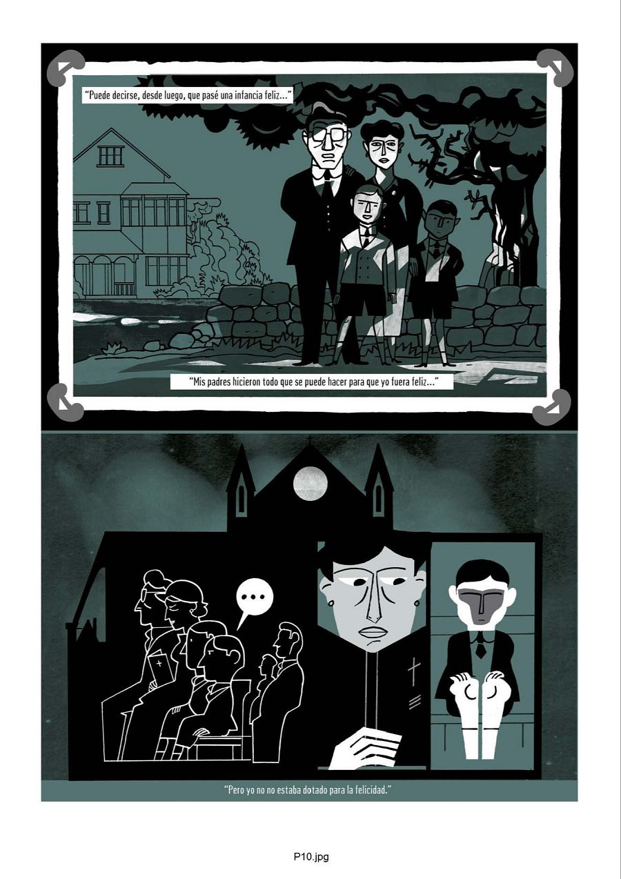 Viñetas de un cómic que muestran una familia frente a su casa y una escena en un confesionario.