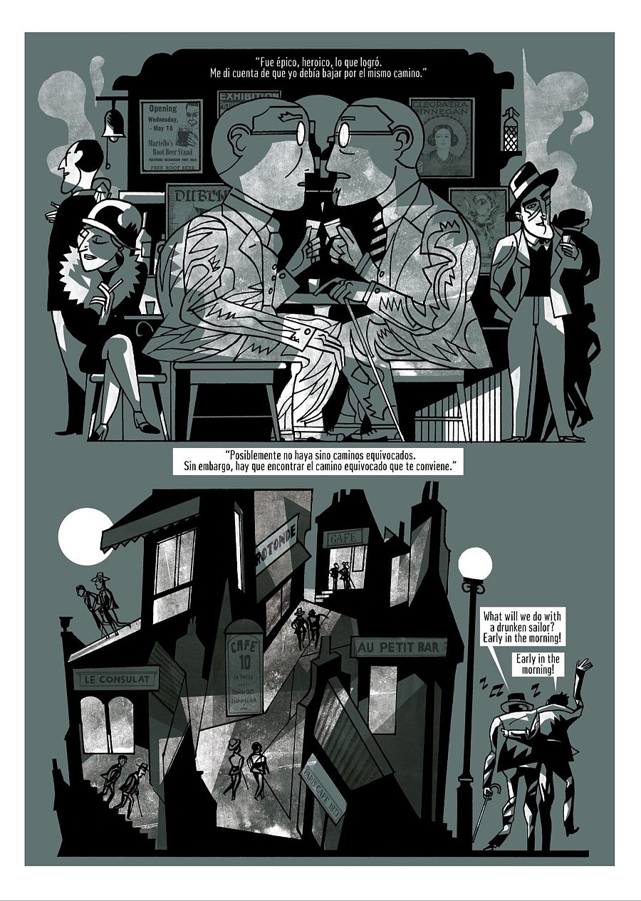 Viñeta de cómic con Samuel Beckett y James Joyce en un pub, seguida de una escena callejera nocturna con figuras y cafés.