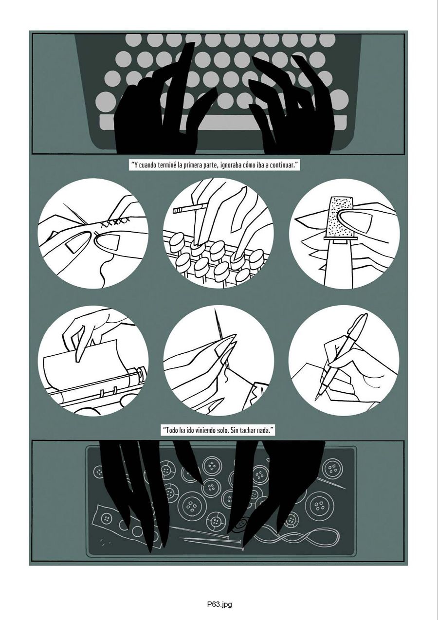 Viñetas de cómic mostrando la creación de una obra, con manos escribiendo a máquina, cosiendo y buscando inspiración.
