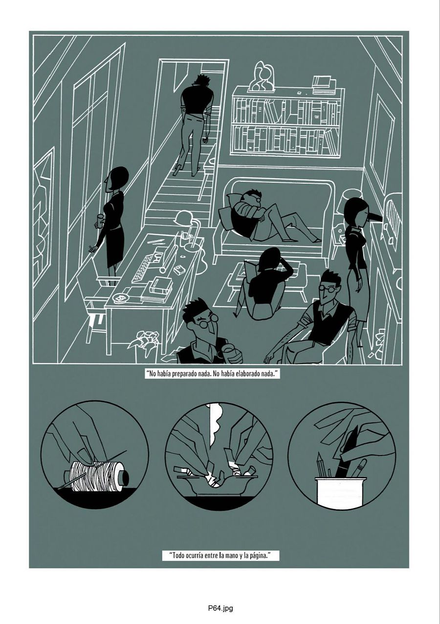 Viñeta del cómic 'Samuel & Beckett' con varios personajes en una habitación y detalles de manos creando.