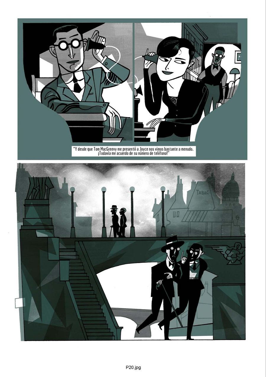 Viñetas de un cómic con personajes hablando por teléfono y paseando por un puente en una ciudad.