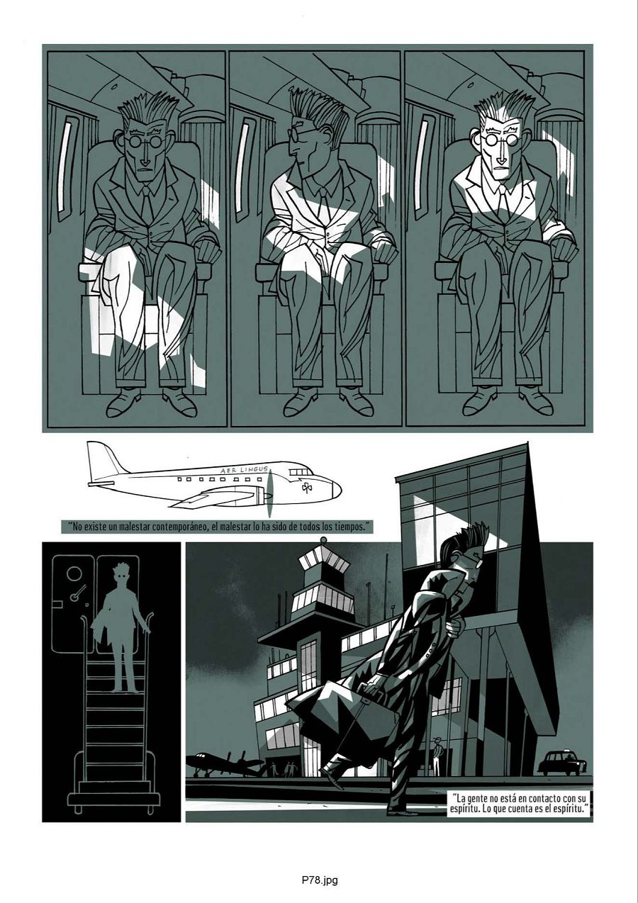 Viñeta del cómic 'Samuel & Beckett' con un personaje en un aeropuerto y la cita: 