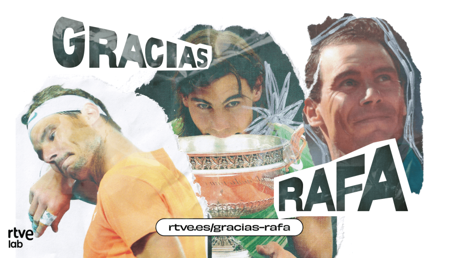 Collage de fotos de Rafa Nadal con la palabra GRACIAS y la URL rtve.es/gracias-rafa para homenajear al tenista.