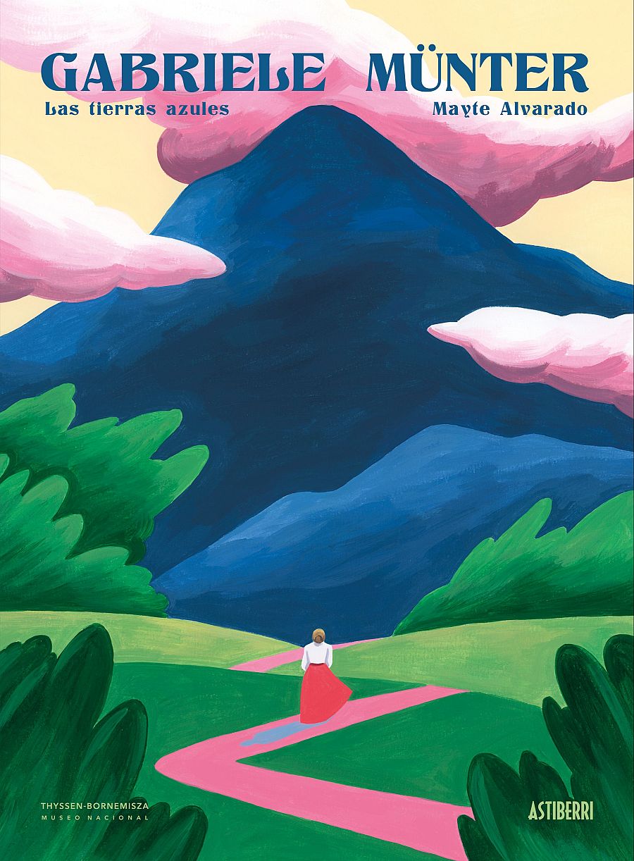 Portada del cómic 'Gabriele Münter. Las tierras azules', de Mayte Alvarado, muestra una mujer caminando hacia una montaña.