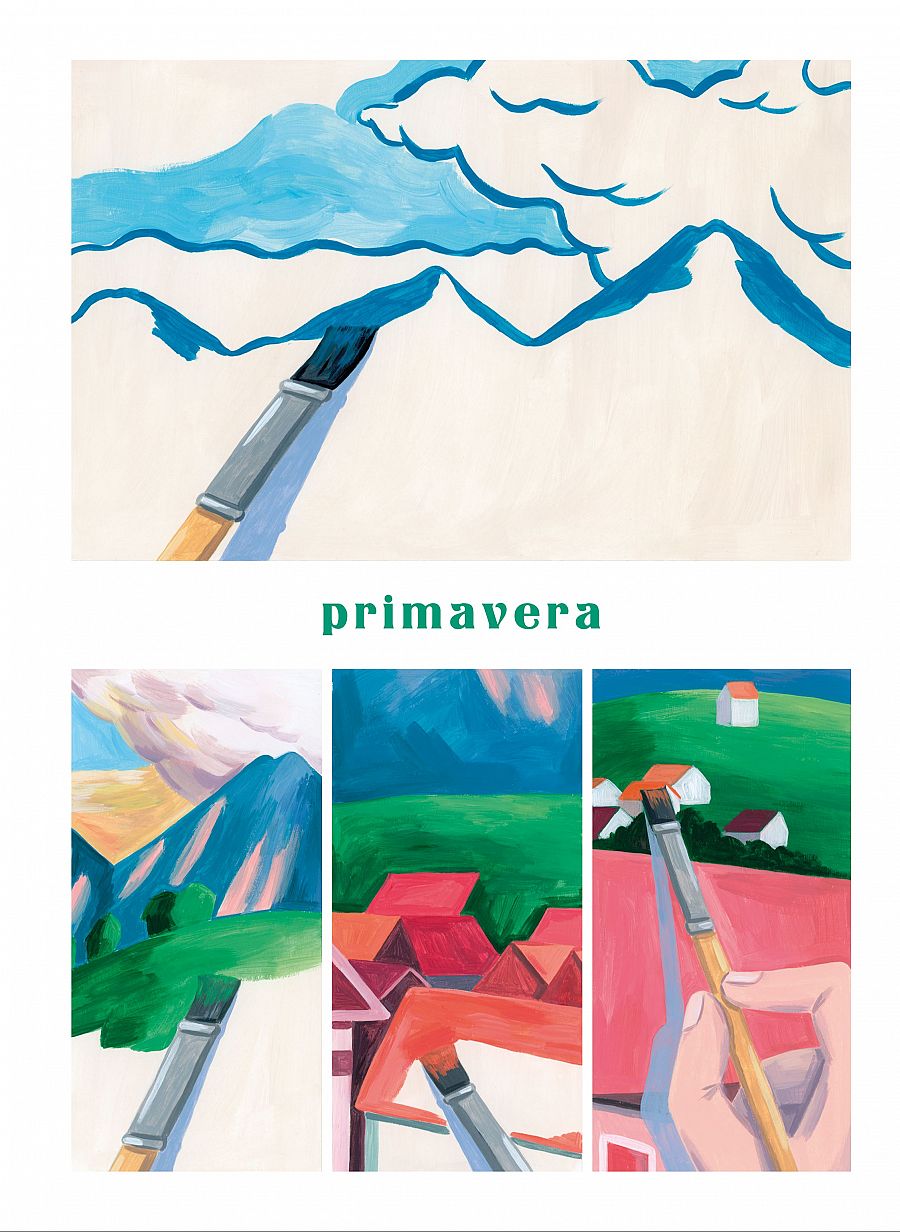 Portada del cómic 'Gabriele Münter. Las tierras azules' con ilustraciones de paisajes primaverales.